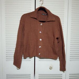 SHEIN Brown Cable Knit Cardigan Sweater S M Small Collared